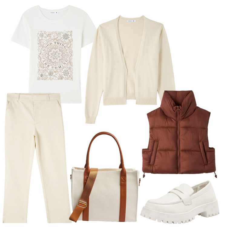 Outfit donna - Lo stile Urban con Terranova. Stile Casual chic per Tutti i giorni. Abbinamento con pantaloni chino, t-shirt, cardigans, piumini, mocassini, shopping bag.