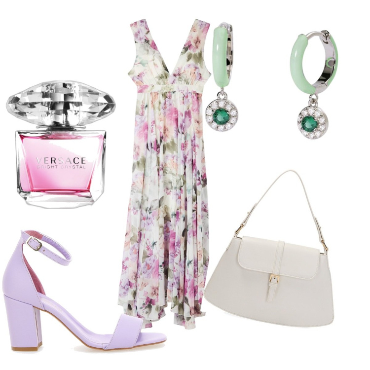 Outfit donna - Abito a fantasia floreale. Stile Romantica per Serata fuori. Abbinamento con vestiti lunghi, profumi, orecchini, borse a spalla, sandali col tacco.