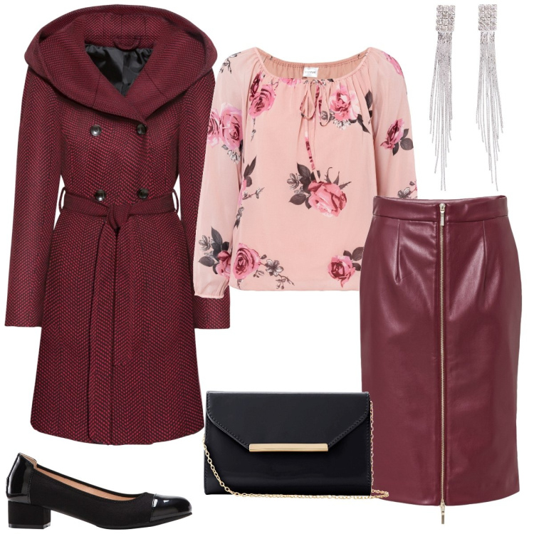 Outfit donna - Total look #1824236. Stile Chic per Serata fuori. Abbinamento con cappotti, orecchini, gonne longuette, bluse, décolleté, pochette.