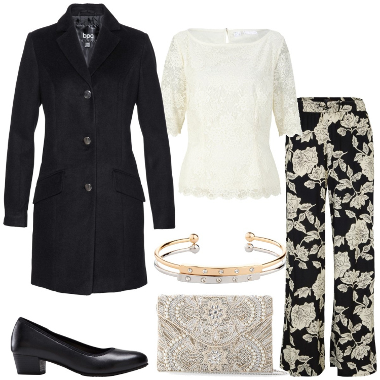 Outfit donna - Total look #1824240. Stile Chic per Serata fuori. Abbinamento con pantaloni a palazzo, pochette, décolleté, bluse, cappotti, braccialetti.