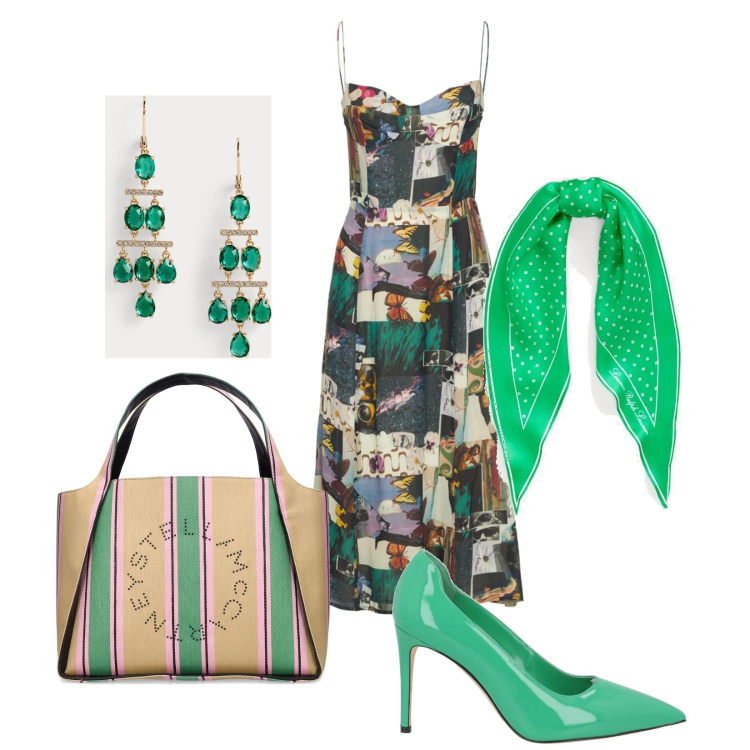 Outfit donna - Verde smeraldo. Stile Glamour per Cerimonia. Abbinamento con décolleté, orecchini, foulard, vestiti, shopping bag.