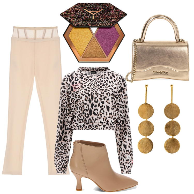 Outfit donna - Il mio stile. Stile Chic per Serata fuori. Abbinamento con ombretti, pantaloni, felpe sportive, stivaletti, borse a mano, orecchini.