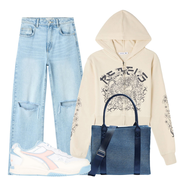Outfit donna - City. Stile Casual per Tutti i giorni. Abbinamento con sneakers, jeans strappati, felpe con cappuccio, shopping bag.