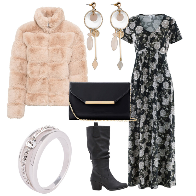 Outfit donna - Rosa e nero romantico. Stile Romantica per Serata fuori. Abbinamento con vestiti lunghi, ecopellicce, stivali, orecchini, anelli, pochette.