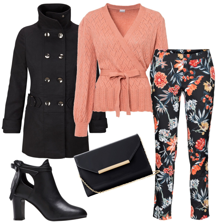 Outfit donna - Anticipo di primavera. Stile Casual per Serata fuori. Abbinamento con pantaloni, maglieria, blazer, pochette, stivaletti.