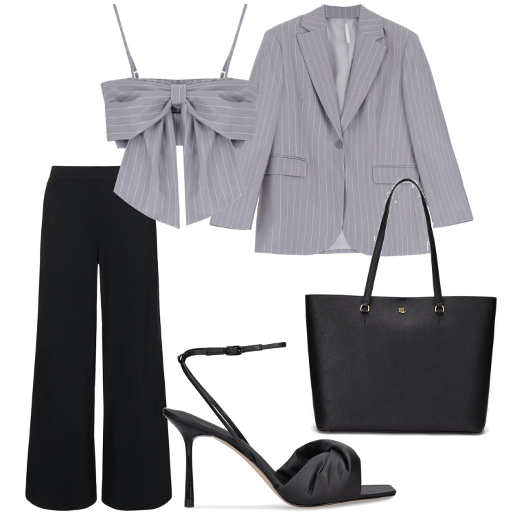 Outfit donna - Gessato. Stile Trendy per Ufficio. Abbinamento con blazer, top, borse tote, pantaloni, sandali in pelle.