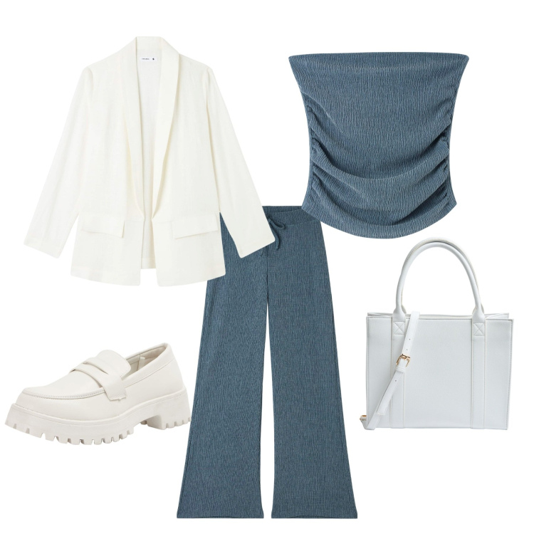 Outfit donna - Bianco e blu sporty chic. Stile Sporty chic per Tutti i giorni. Abbinamento con pantaloni, top, mocassini, blazer, shopping bag.