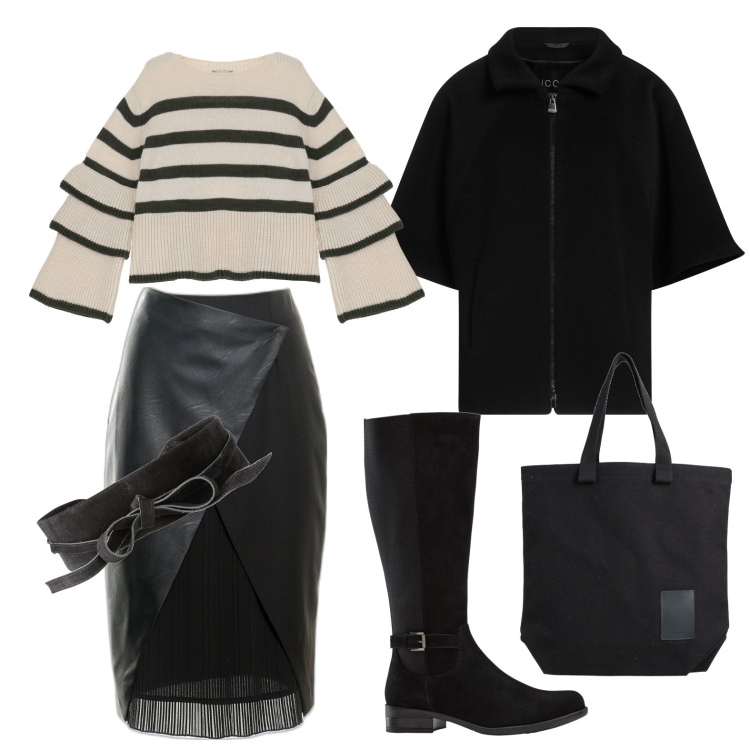 Outfit donna - Gonna con inserti in pelle. Stile Glamour per Ufficio. Abbinamento con cinture, stivali, cappotti, borse a mano, gonne lunghe, pullovers.
