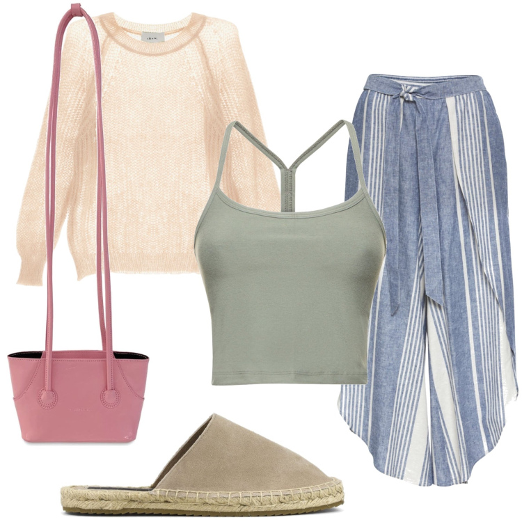 Outfit donna - Chic Surfer. Stile Etnico per Mare. Abbinamento con pantaloni a palazzo, pullovers, espadrillas, borse a spalla, canottiere.