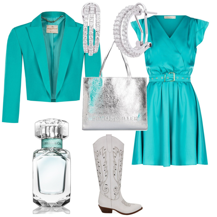 Outfit donna - Tiffany nuova stagione. Stile Glamour per Tutti i giorni. Abbinamento con profumi, orecchini, vestiti midi/longuette, blazer, stivali, shopping bag.
