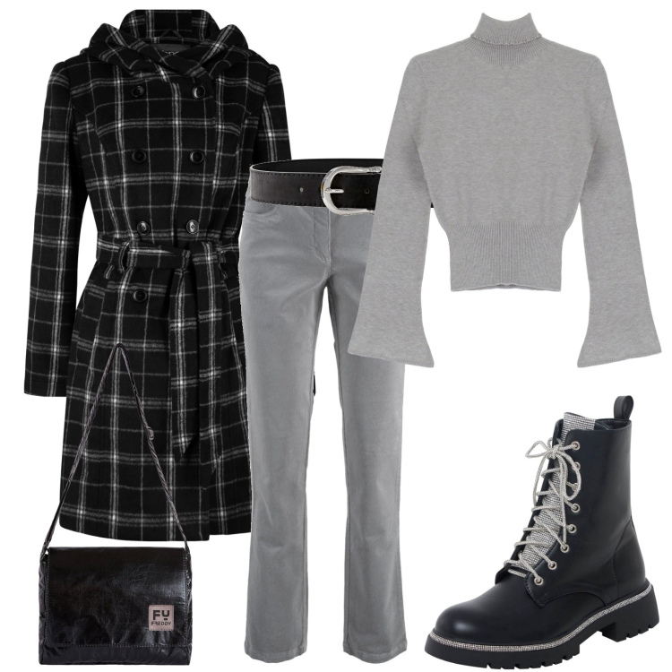 Outfit donna - Lezione all\'università. Stile Basic per Scuola/Università. Abbinamento con cinture, pantaloni, cappotti, anfibi, maglieria, borse a tracolla.