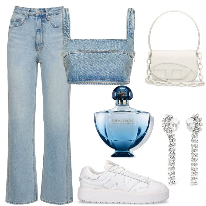 Outfit donna - Total look #1824325. Stile Trendy per Tutti i giorni. Abbinamento con profumi, sneakers, jeans dritti, orecchini, borse a spalla, top.