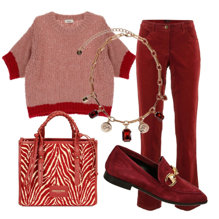 Outfit donna - Gradazioni di rosso. Stile Casual per Tutti i giorni. Abbinamento con pantaloni, mocassini, borse a mano, maglieria, collane.