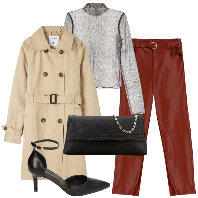 Outfit donna - City serata. Stile Chic per Serata fuori. Abbinamento con trench, pantaloni, maglieria, décolleté, pochette.