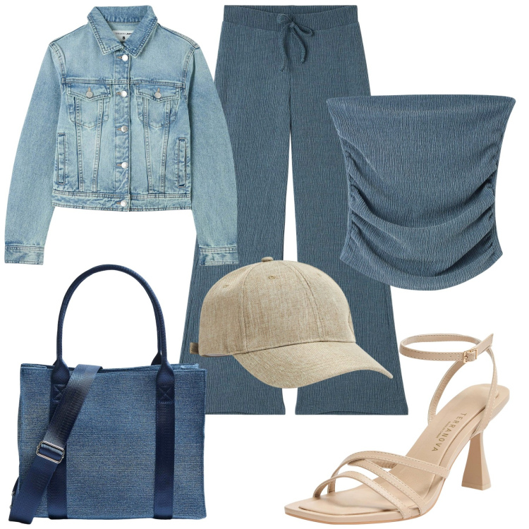 Outfit donna - TERRANOVA ss24. Stile Casual chic per Tutti i giorni. Abbinamento con pantaloni, top, sandali col tacco, shopping bag, blazer, cappelli.