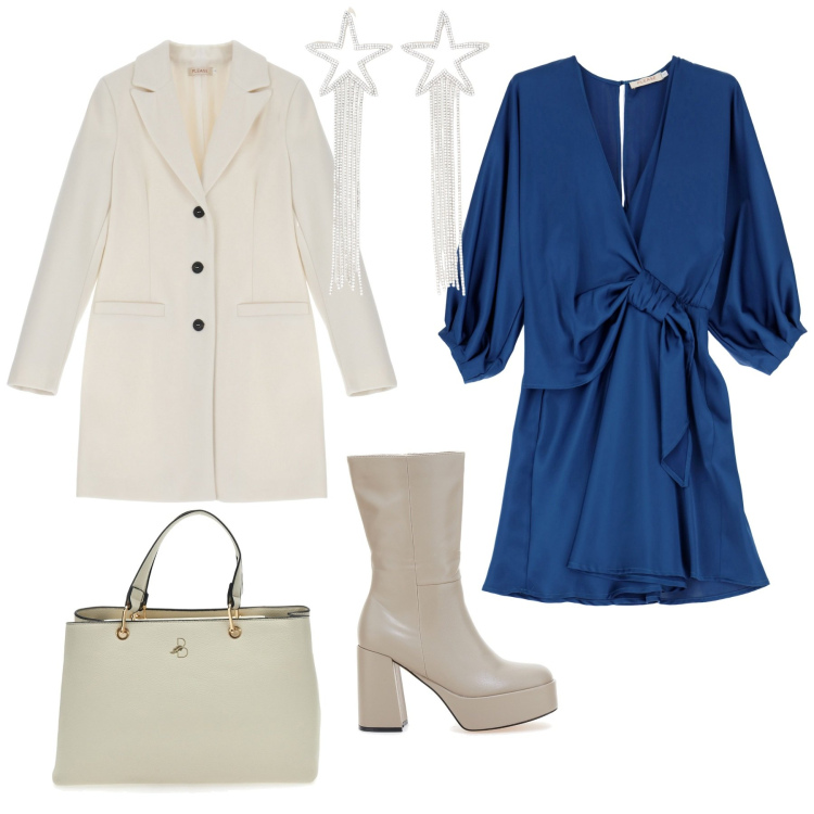 Outfit donna - Bianco e blu. Stile Chic per Serata fuori. Abbinamento con cappotti, vestiti corti, orecchini, stivali, borse a mano.