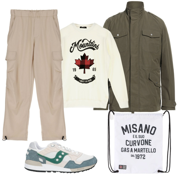 Outfit uomo - Colori chiari. Stile Casual per Tutti i giorni. Abbinamento con cappotti, sneakers, borse sportive, felpe, pantaloni cargo.