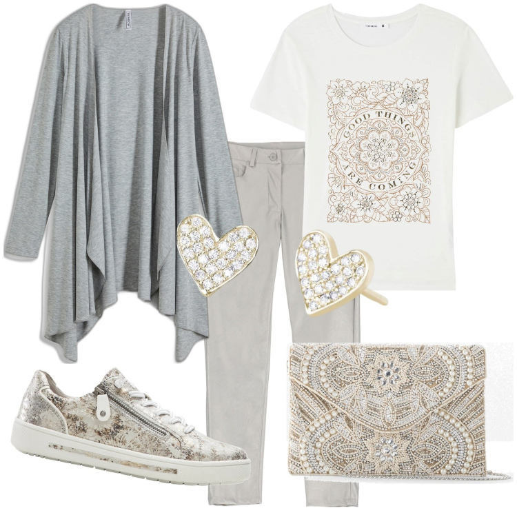 Outfit donna - Total look #1824380. Stile Casual per Tutti i giorni. Abbinamento con pochette, sneakers, cardigans, t-shirt, orecchini, pantaloni skinny.