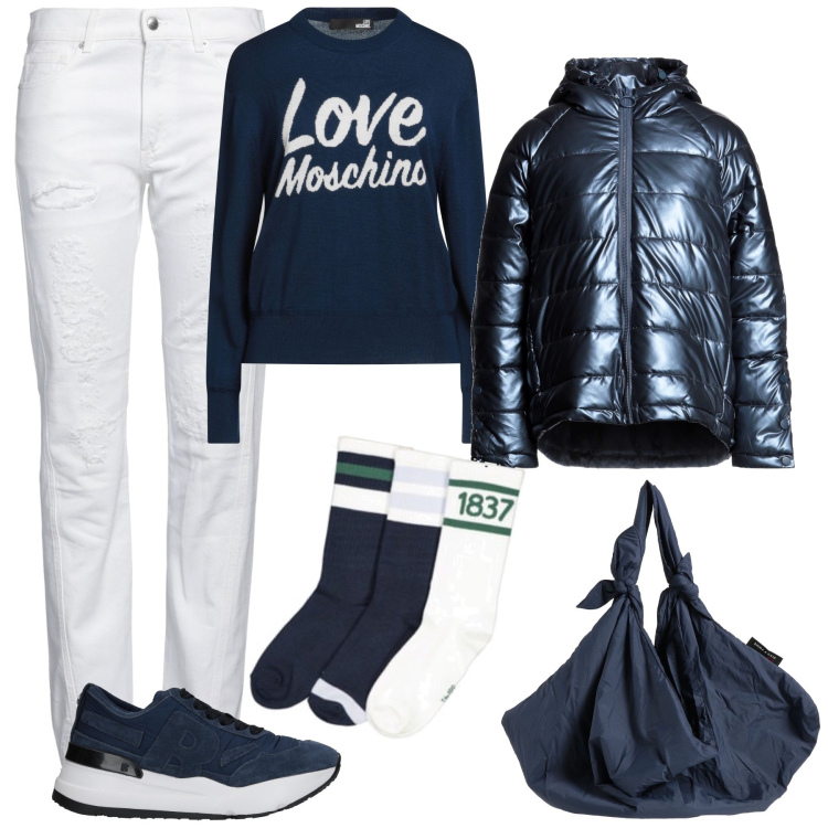 Outfit mujer - Azul y blanco. Estilo Trendy para Todos los días. Combinación con jerséis, plumíferos, vaqueros, bolsos de hombro, sneakers, calcetines.