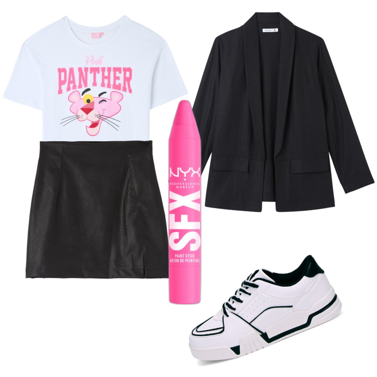 Outfit donna - Total look #1824400. Stile Sporty chic per Tutti i giorni. Abbinamento con ombretti, t-shirt, minigonne, blazer, sneakers.