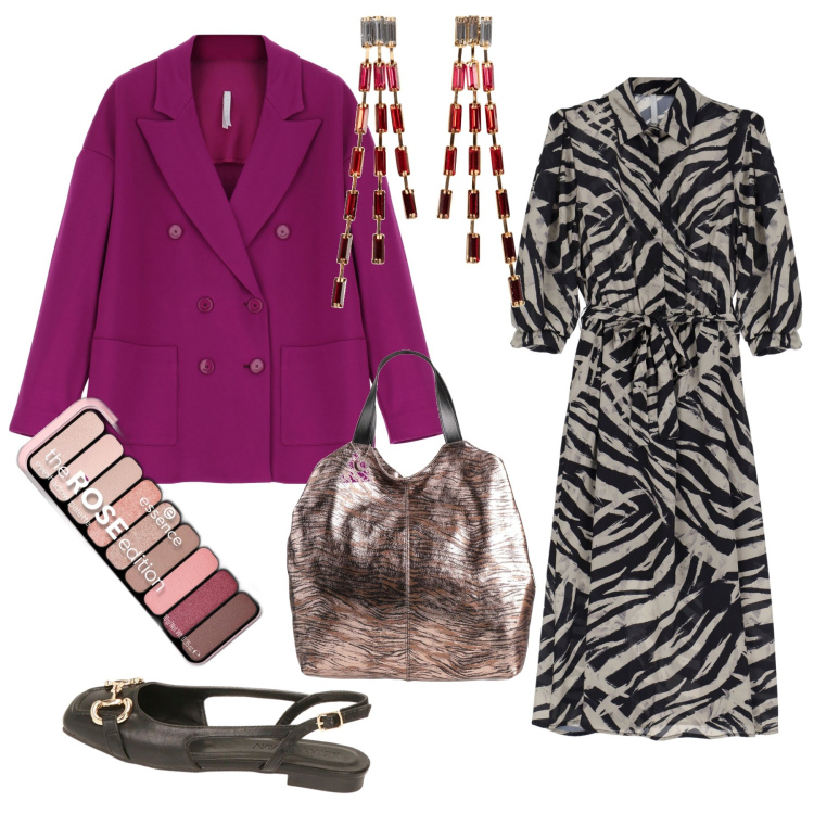 Outfit donna - Office Glamour. Stile Glamour per Ufficio. Abbinamento con orecchini, borse a mano, ombretti, vestiti midi/longuette, blazer, ballerine.