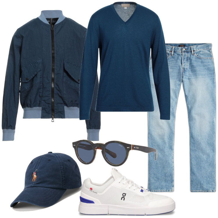Outfit uomo - Blu protagonista. Stile Casual per Tutti i giorni. Abbinamento con pullovers, giacche, cappelli, occhiali da sole, jeans, sneakers.