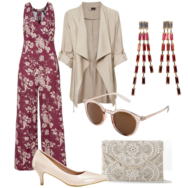 Outfit donna - Aperitivo Bonprix a primavera. Stile Glamour per Serata fuori. Abbinamento con occhiali da sole, orecchini, pochette, tute, blazer, décolleté.