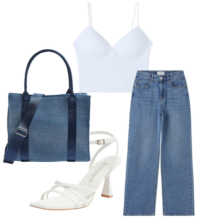 Outfit donna - Denim chic. Stile Casual per Tutti i giorni. Abbinamento con jeans, top, shopping bag, sandali col tacco.