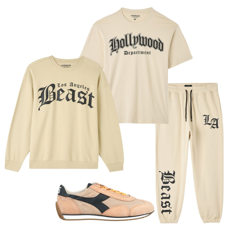 Outfit uomo - Tutto beige. Stile Casual per Sport. Abbinamento con sneakers, felpe, pantaloni sportivi, t-shirt.