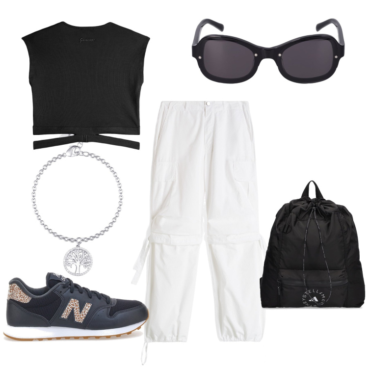 Outfit donna - Pantaloni cargo!. Stile Sporty chic per Tutti i giorni. Abbinamento con braccialetti con ciondoli, pantaloni cargo, t-shirt, sneakers, occhiali da sole, zaini.