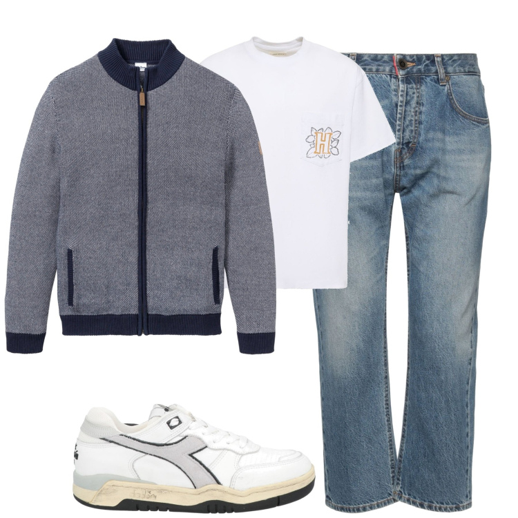 Outfit uomo - Total look #1824478. Stile Urban per Tutti i giorni. Abbinamento con cardigans, jeans dritti, sneakers, t-shirt.
