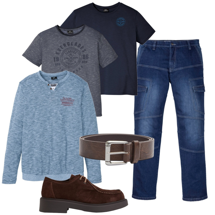 Outfit uomo - Easy city. Stile Casual per Tutti i giorni. Abbinamento con t-shirt, maglieria, jeans dritti, scarpe stringate, cinture.
