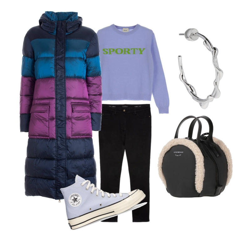 Outfit donna - Total look #1824507. Stile Casual per Tutti i giorni. Abbinamento con zaini, piumini, pullovers, sneakers, jeans skinny, orecchini.