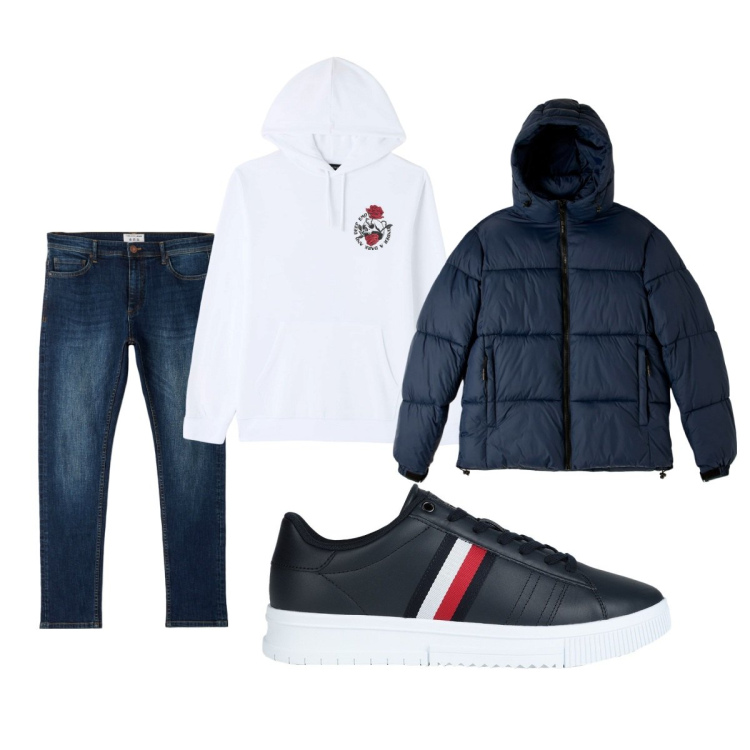 Outfit uomo - Total look #1824508. Stile Casual per Tutti i giorni. Abbinamento con sneakers, felpe con cappuccio, jeans skinny, piumini.