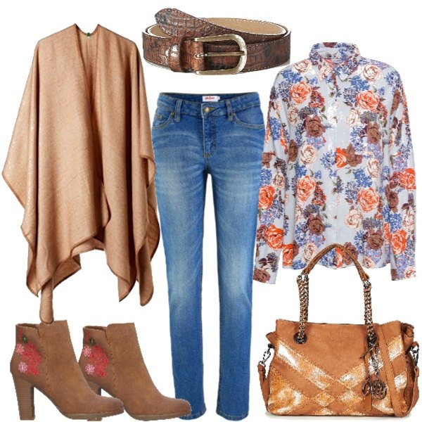 Outfit donna - La camicia a fiori in autunno. Stile Basic per Tutti i giorni. Abbinamento con jeans skinny, camicia fantasia, stivaletti con ricamo e tacco squadrato con zip e punta tonda in pelle sintetica tinta unita, borsa marrone, poncio taglia unica marrone, cintura marrone.