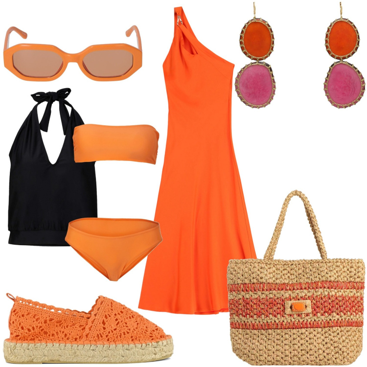 Outfit donna - Il mare arancione. Stile Casual chic per Mare. Abbinamento con costumi interi, borse a mano, orecchini, vestiti asimmetrici, espadrillas, occhiali da sole.