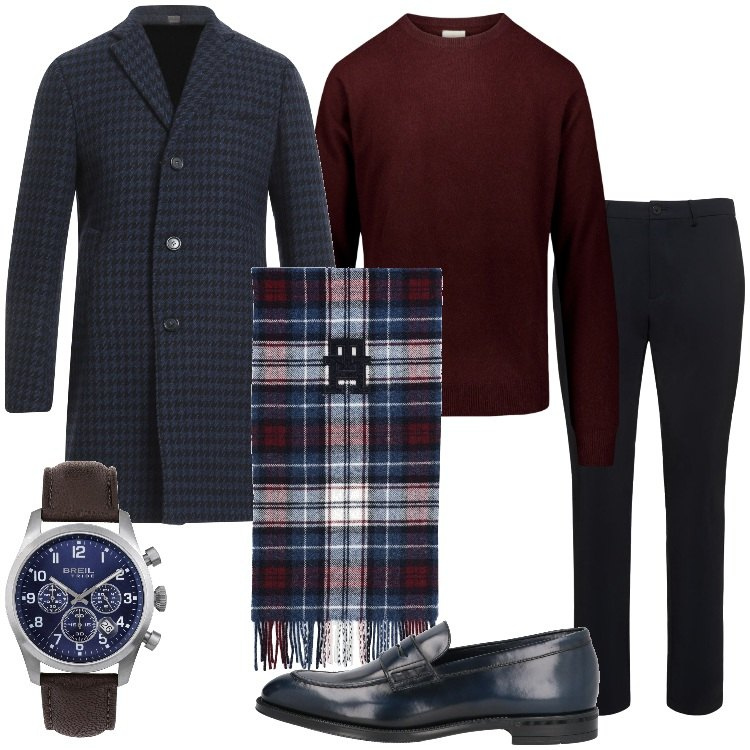 Outfit uomo - Smart casual con la sciarpa scozzese. Stile Business/Elegante per Ufficio. Abbinamento con cappotti, sciarpe, orologi, scarpe stringate, maglieria, pantaloni.