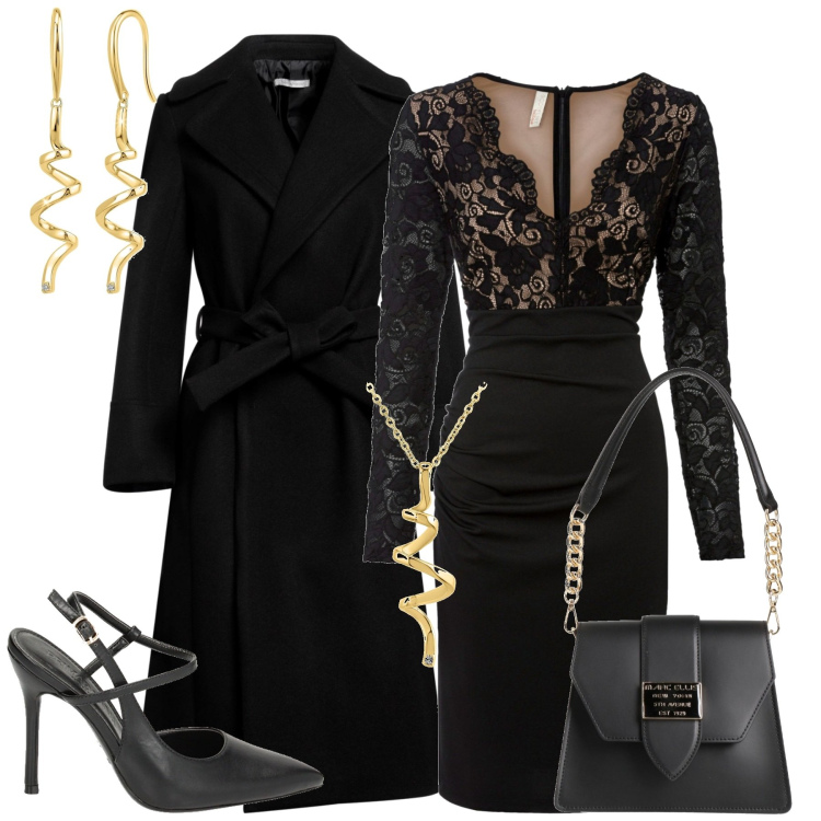 Outfit donna - A cena. Stile Chic per Serata fuori. Abbinamento con vestiti, cappotti, ciondoli, borse a spalla, orecchini, décolleté.