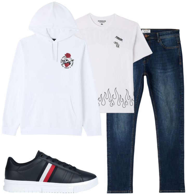 Outfit uomo - City. Stile Urban per Tutti i giorni. Abbinamento con sneakers, felpe con cappuccio, jeans skinny, t-shirt.