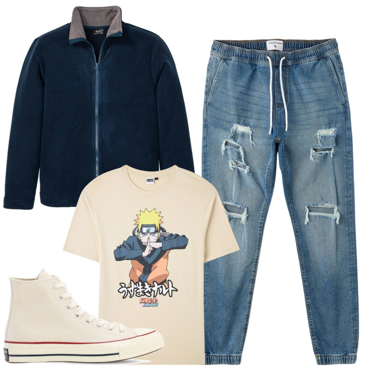 Outfit uomo - City. Stile Urban per Tutti i giorni. Abbinamento con giacche, t-shirt, jeans strappati, sneakers.
