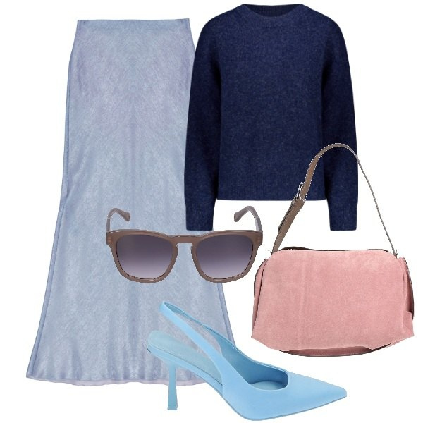 Outfit donna - Chic. Stile Chic per Ufficio. Abbinamento con borse a mano, gonne lunghe, décolleté, maglieria, occhiali da sole.