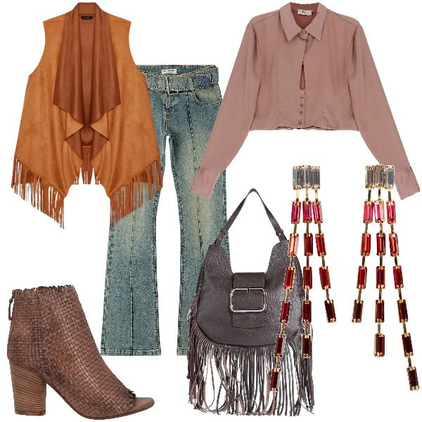 Outfit donna - Total look #1824551. Stile Etnico Abbinamento con orecchini, stivaletti, borse a spalla, jeans a zampa, camicie, gilet.