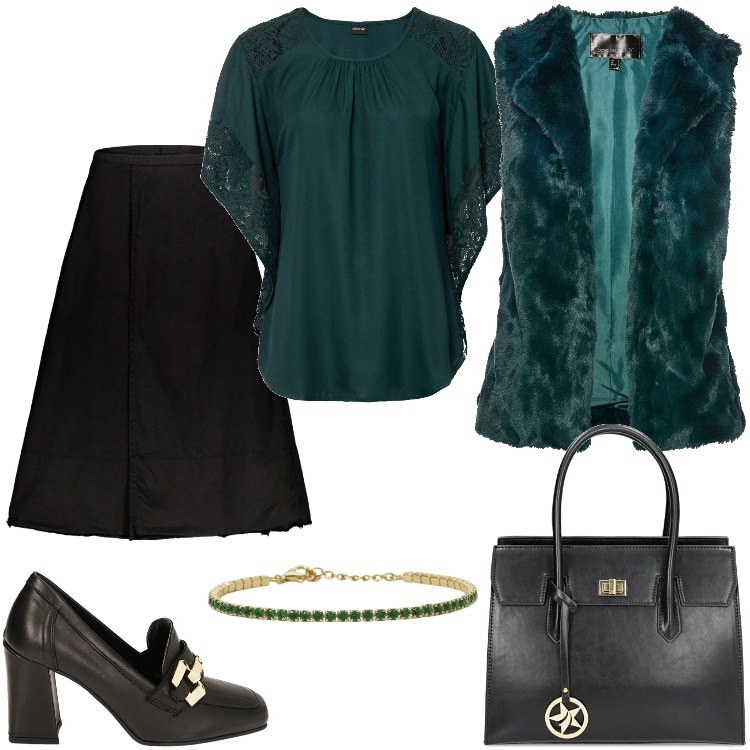 Outfit donna - In ufficio. Stile Trendy per Ufficio. Abbinamento con bluse, gilet, braccialetti, mocassini, borse a mano, gonne lunghe.