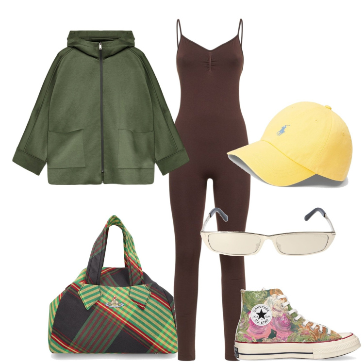 Outfit donna - In palestra. Stile Casual per Sport. Abbinamento con cappelli, felpe con cappuccio, sneakers, borse a mano, occhiali da sole, tute.