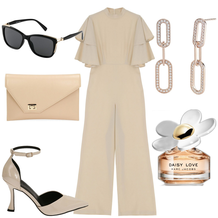 Outfit donna - Cerimonia semplice. Stile Chic per Cerimonia. Abbinamento con occhiali da sole, profumi, orecchini, décolleté, pochette, tute.