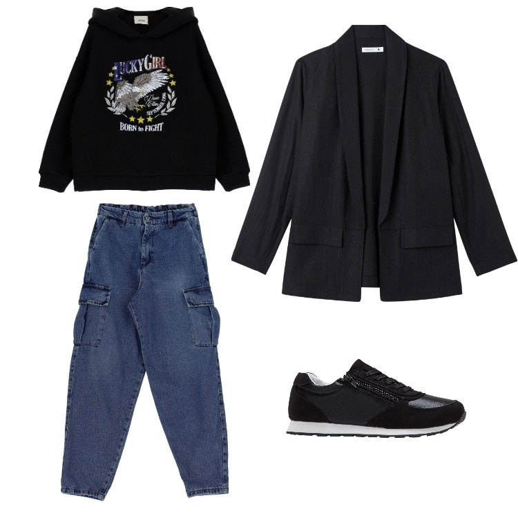 Outfit donna - Total look #1824625-Febbraio. Stile Casual per Tutti i giorni. Abbinamento con sneakers, blazer, jeans, felpe con cappuccio.