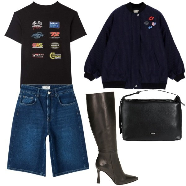 Outfit donna - Bomber in città. Stile Urban per Tutti i giorni. Abbinamento con borse a spalla, bermuda, t-shirt, stivali, cappotti.