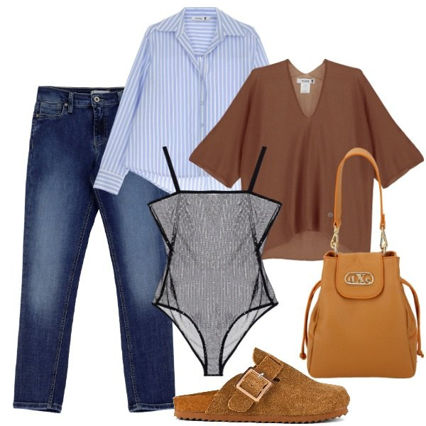 Outfit donna - Total look #1824646. Stile Urban per Tutti i giorni. Abbinamento con maglieria, jeans skinny, camicie, body, borse a secchiello, sabot.