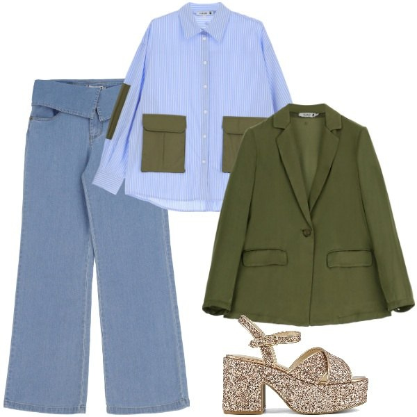 Outfit donna - Risvolto in vita. Stile Urban per Ufficio. Abbinamento con camicie, blazer, jeans, sandali.