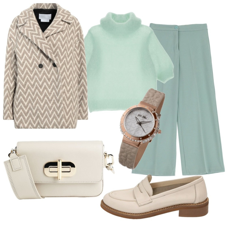 Outfit donna - Verde acqua rilassante. Stile Chic per Ufficio. Abbinamento con caban, borse a spalla, orologi, mocassini, maglieria, pantaloni.